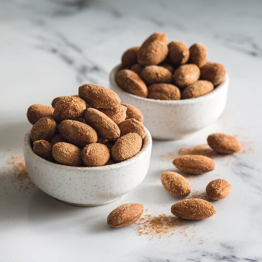 A photo of two white ceramic bowls filled with roasted almonds coated in a powdered cinnamon-sugar mixture. The bowls are placed on a white marble surface with gray veining. The almonds are uniformly brown, with a visibly textured coating of sugar crystals and cinnamon powder, giving them a slightly rough and rustic appearance. Several almonds are scattered outside the bowls, randomly placed on the marble surface, adding a casual, inviting element to the composition. The lighting is soft and natural, enhancing the texture of the sugar coating on the almonds and the smooth surface of the bowls.