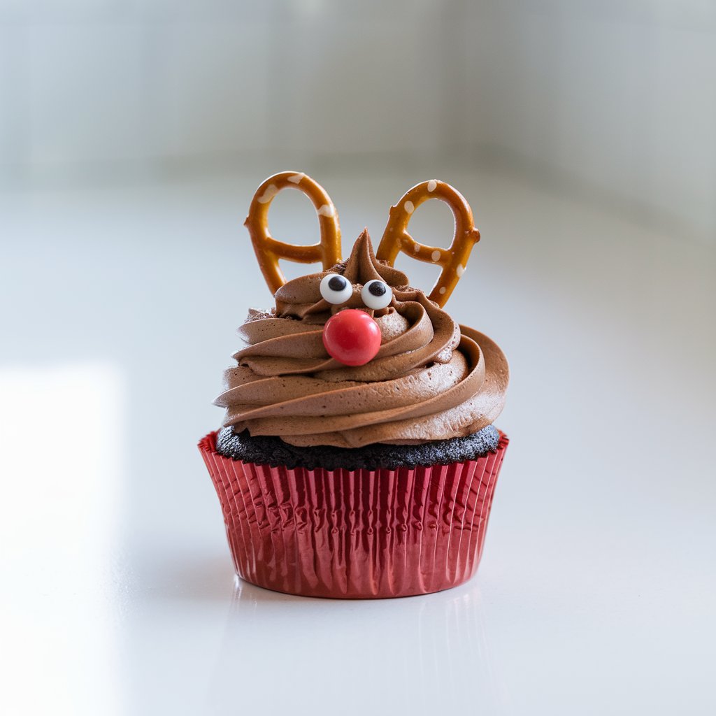 A whimsically designed cupcake sits placed on a bright plain white kitchen countertop, illuminated by soft natural light that makes every detail appear bright and inviting. The cupcake is topped with a generous swirl of rich, chocolate-brown frosting, forming a smooth, velvety dome. Two miniature pretzels are carefully inserted at the top, perfectly resembling reindeer antlers. Below them, two small candy eyes gaze forward, and a single large red candy nose creates the unmistakable look of Rudolph the Red-Nosed Reindeer. The cupcake is nestled in a glossy red paper liner that mirrors the vibrant hue of the nose. The combination of warm chocolate tones and festive red accents exudes playful holiday cheer.