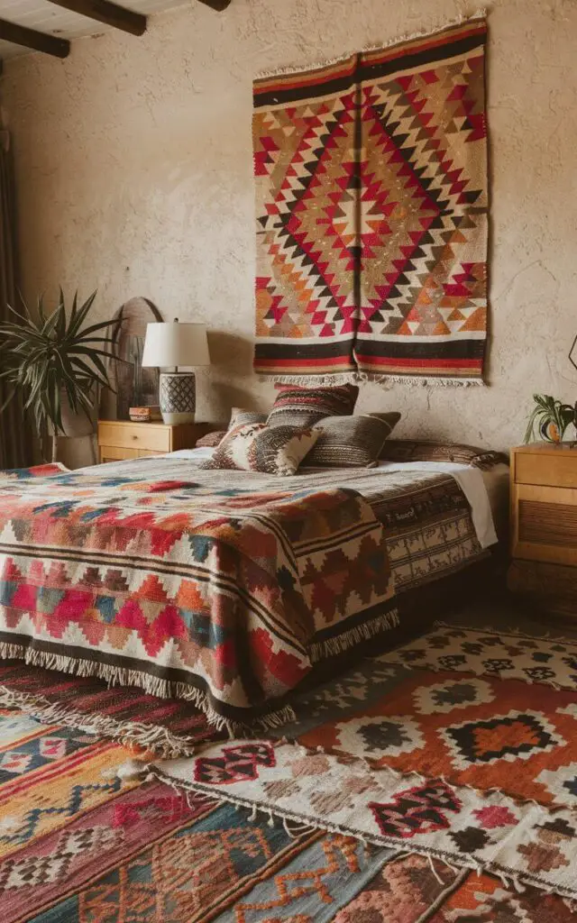 A photo of a Southwestern bedroom with a cozy bed placed on layered kilim rugs. The bold geometric patterns and rich earthy tones of the rugs bring color and warmth to the space. The room is accented with wooden furniture, including a nightstand and a lamp. The wall has a rustic texture, and there is a plant near the nightstand.