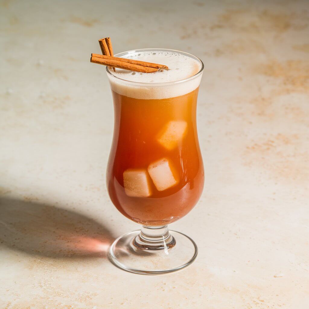 A photo of a rum punch cocktail in a tall, curved hurricane glass. The cocktail is a vibrant, reddish-orange color with a frothy white layer at the top. A cinnamon stick is placed delicately on top of the frothy layer as a garnish. The glass sits on a light-white textured surface, casting a soft shadow to its left. The drink contains ice cubes, and its tropical, summery vibe is further enhanced by the absence of other decorations.