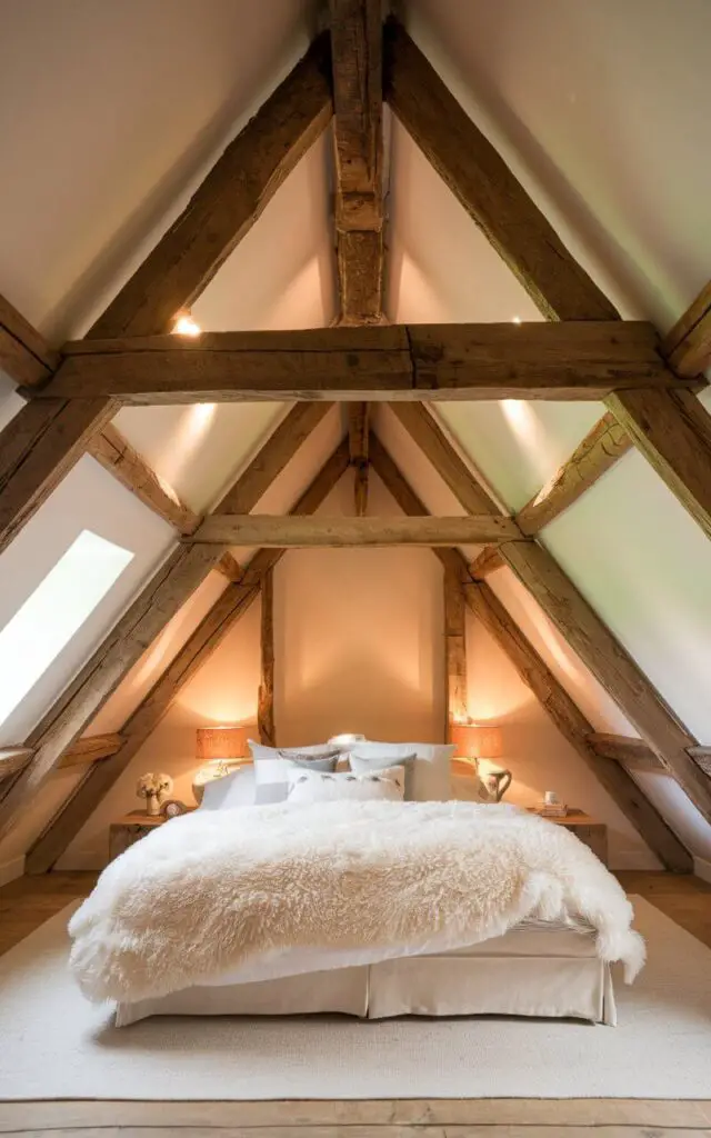 A photo of a charming attic bedroom with exposed wooden beams crossing the sloped ceiling. The space features a very cozy bed with fluffy white bedding, nestled under the rustic beams. The room is softly lit by warm lighting, and natural wood accents create a warm, inviting atmosphere.