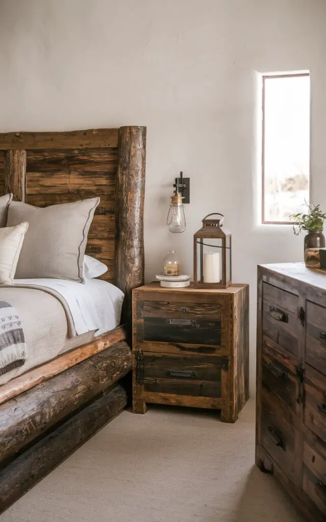 A photo of a Southwestern bedroom with rustic wooden furniture. There is a cozy bed with a reclaimed wood headboard, and the bedside tables and dresser are crafted from dark, weathered wood. The neutral bedding and white walls provide a clean backdrop, allowing the rustic furniture to take center stage. A few decorative items, including a lantern and a small plant, add character to the space. The room has a window, letting in natural light.