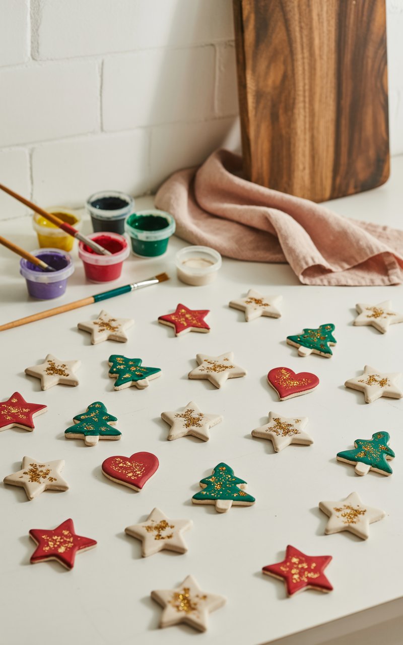 A photograph of a charming craft workspace featuring an array of handmade salt dough ornaments scattered across a clean white countertop. The ornaments include delicate star shapes, miniature Christmas trees, and heart designs, each painted in festive colors like crimson red, forest green, and golden yellow, with sparkling glitter accents that catch the light. Small ceramic bowls filled with colorful acrylic paints sit nearby alongside paintbrushes, while a soft beige kitchen towel and a rustic wooden cutting board provide texture in the background. The scene is illuminated by bright, even lighting that highlights the crafty details and creates a warm, creative atmosphere perfect for holiday ornament making.