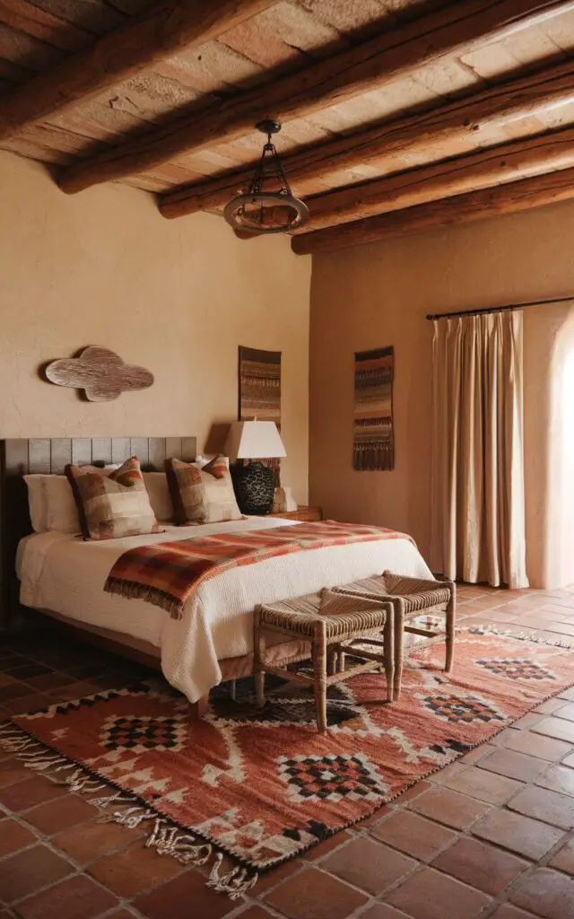 A cozy bed in a Southwestern bedroom with traditional Saltillo tile flooring. The warm, terracotta tones of the tiles complement the earthy color palette of the room. A large geometric rug adds comfort and visual interest to the space.