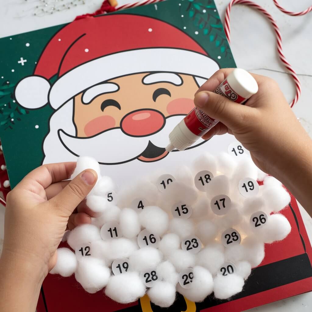 A photo of a child's hands gluing cotton balls onto a Santa Claus advent calendar. The calendar has a smiling Santa with a red hat and a beard with numbered spots. The cotton balls are being used to create a fluffy beard. A glue stick is in one hand, while the other holds a cotton ball. The background contains a festive red and white twisted ribbon. This activity is a fun Christmas countdown craft for kids.