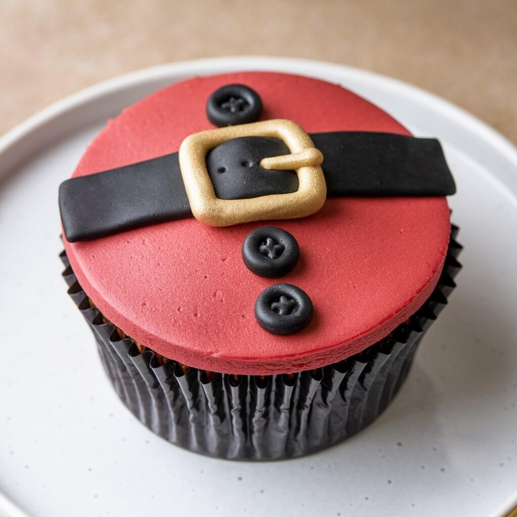 A playful cupcake with a black liner and a very flat red frosting. The frosting is topped with a black fondant belt and a shiny gold fondant buckle. There are three black fondant buttons on the belt, designed to resemble Santa's belly. The entire design is placed on a white plate. The background is a beige surface.