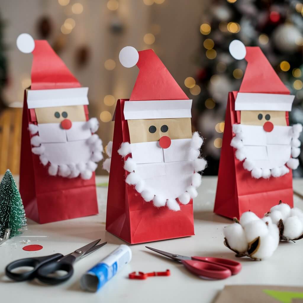 A photo of a table with red and white Santa hand puppets made from paper bags. The puppets have cotton ball beards and construction paper hats. There are scissors, glue, and cotton balls scattered on the table. The background is blurred and contains a festive setting, such as a room with Christmas decorations.