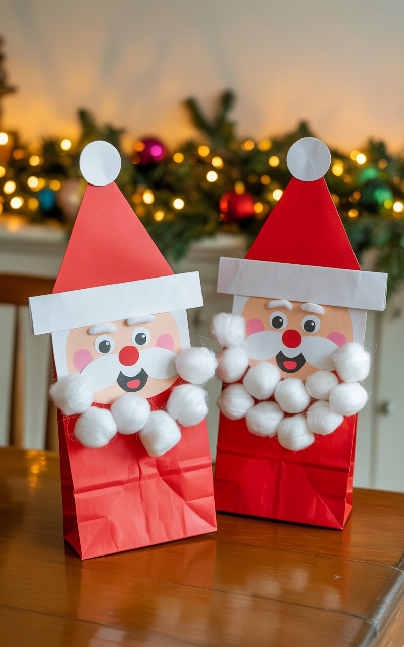 A photograph of a wooden table displaying charming red and white Santa hand puppets crafted from paper lunch bags. The puppets feature fluffy white cotton ball beards, triangular red construction paper hats with white paper trim, and simple drawn faces with rosy cheeks and cheerful expressions. The puppets are positioned upright on the table surface, with one slightly angled toward the other as if in conversation. Behind them, a softly blurred background reveals twinkling Christmas lights, evergreen garland, and colorful ornaments, creating a warm and festive holiday atmosphere with golden ambient lighting.