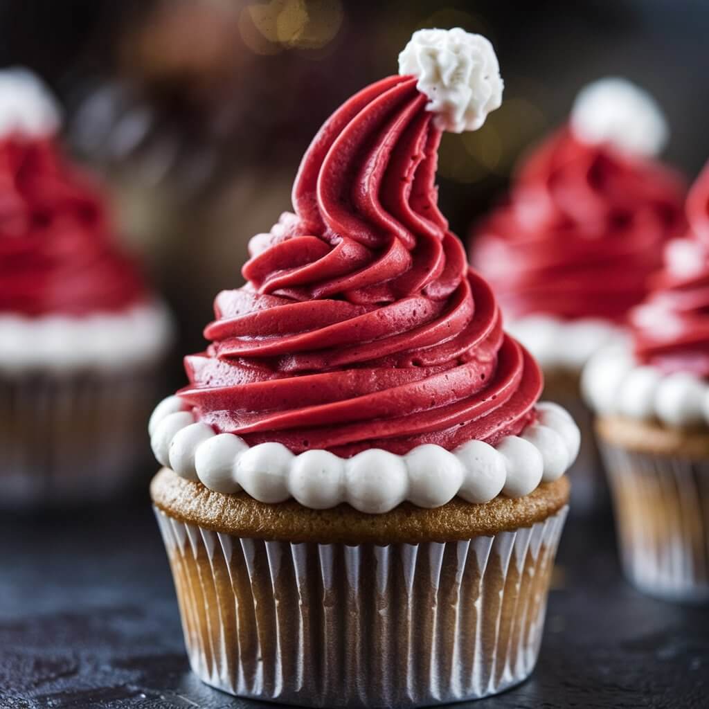 A close-up shot of a cupcake with a tall red swirl of frosting on top. The frosting is topped with a white dollop, creating a Santa Claus hat. The hat is placed on a white paper cupcake liner. There is a ring of white frosting at the base of the hat. The cupcake is placed on a dark surface. The background is blurred and contains more cupcakes.