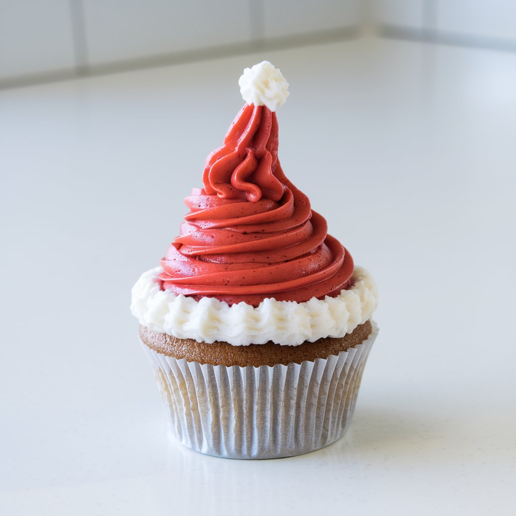 A photo of a cheerful cupcake styled like Santa's hat placed on a bright plain white kitchen countertop. The cupcake features a tall swirl of red frosting sculpted into a cone-shaped peak, forming Santa's iconic hat. A small, round dollop of white frosting perches perfectly at the top as the fluffy "pom-pom," while a ring of thick white frosting encircles the base of the red hat to complete the look. The cupcake rests in a crisp white paper liner that enhances the color contrast between the bright red and clean white. The light glints gently off the frosting, giving the surface a slightly glossy, festive finish.