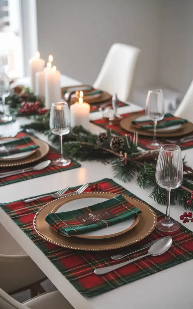 A photo of a Christmas dining table in a modern dining room. The table is set with festive red and green tartan-patterned placemats. Each setting includes a charger plate and elegant flatware. Softly flickering candles are placed in the background. Pine branches and berries are scattered across the table, adding a natural holiday charm that complements the rustic placemats.