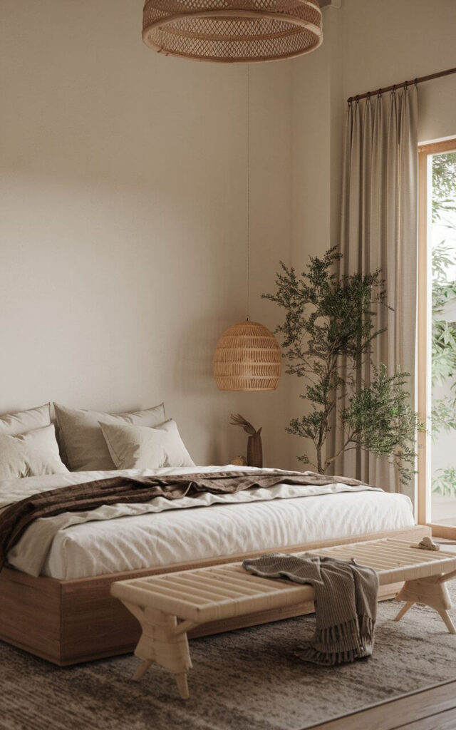 A peaceful Japandi bedroom with soft lighting, natural materials, and a neutral color palette. The room's minimalist design and nature-inspired elements create a serene environment, perfect for relaxation and mindfulness.