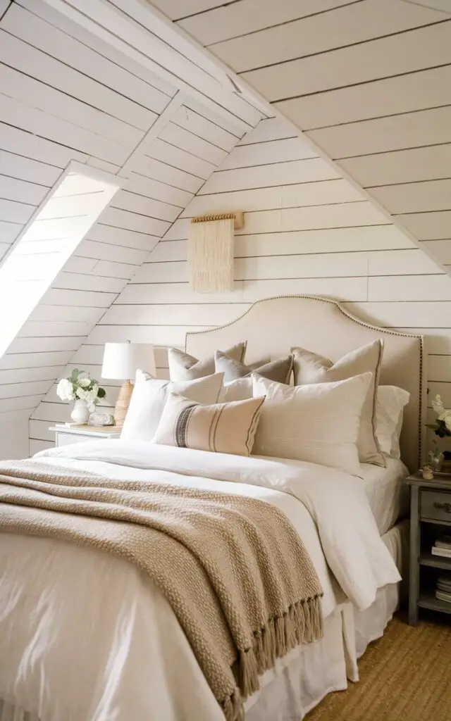 A cozy attic bedroom with white-painted shiplap walls that add texture and charm. The very cozy bed, with layers of soft blankets and pillows, sits against the shiplap backdrop. The design has a warm, farmhouse-style appeal that feels welcoming and inviting.