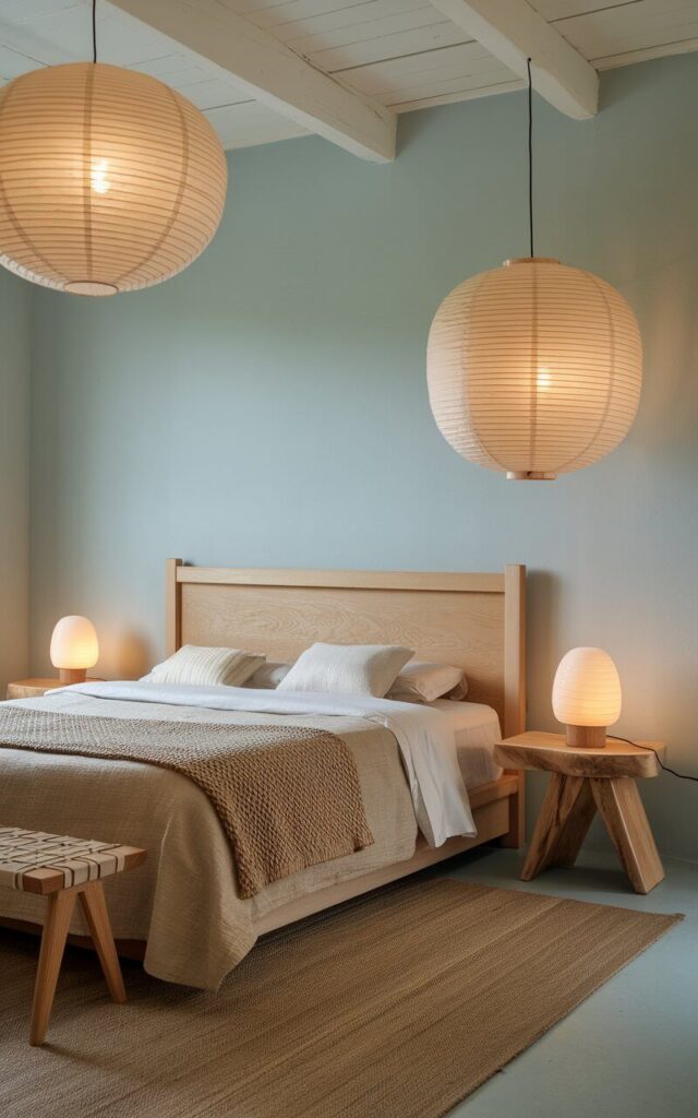 A photo of a Japandi-style bedroom with minimalist paper lanterns and wooden table lamps. The soft, ambient lighting creates a warm and inviting atmosphere, perfectly complementing the natural materials and neutral color palette. The room features a queen-size bed with a woven blanket and a wooden headboard. There is a wooden side table beside the bed, holding a white ceramic lamp. One paper lantern hangs from the ceiling. The walls are painted in a light blue hue. The floor is covered with a beige area rug. There is a wooden table lamp on the floor.