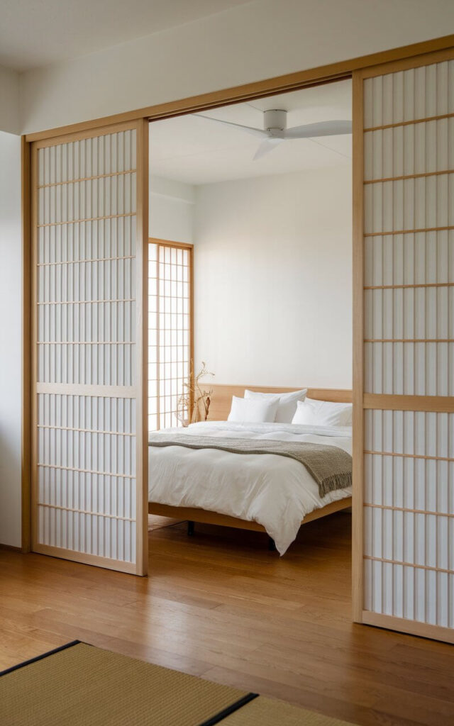 A photo of a Japandi bedroom with minimalist sliding doors made of wood. The doors function as room dividers and wardrobe doors. The space-saving design contributes to the room's open and airy feel, while maintaining a clean and functional style.