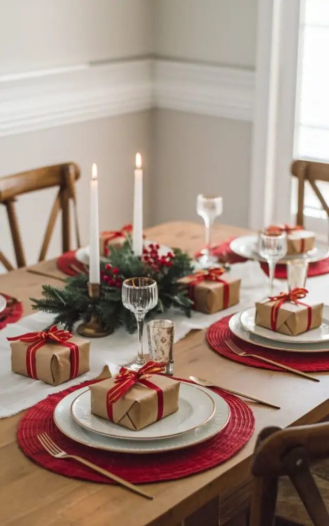 A cozy dining room with a festive Christmas dining table. There are small wrapped gifts placed at each guest's seat, each tied with red and gold ribbons. The gifts perfectly match the table's red placemats and white dinnerware. Candles and a small evergreen centerpiece add to the warm and welcoming holiday feel.