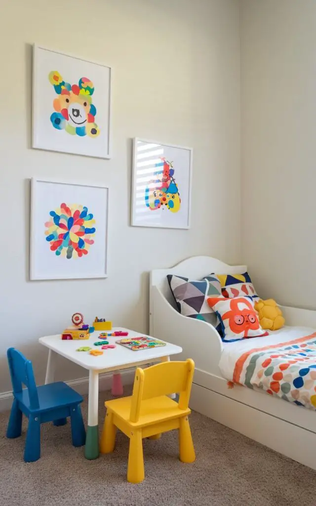 A small toddler bedroom featuring a colorful miniature table and chair set placed next to a cozy toddler bed design. The space is designed for crafts, puzzles, and playtime, with soft lighting and vibrant wall art to create an engaging and fun environment for a young child.