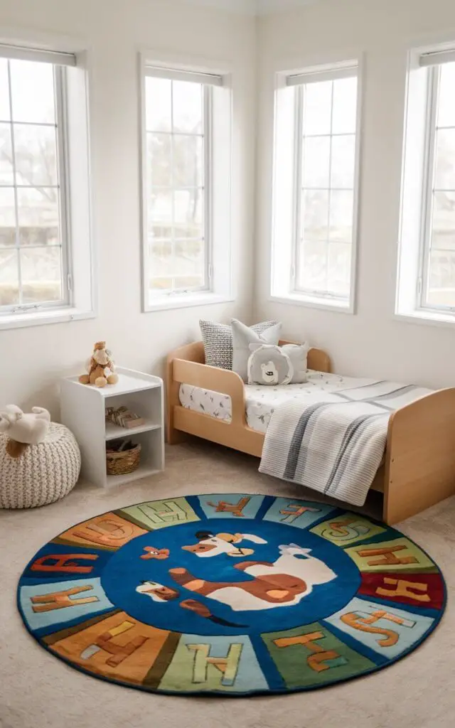 A photo of a small toddler bedroom designed with a multi-functional, educational rug featuring letters and animals. The cozy toddler bed sits next to a soft corner rug, creating a comfy and inviting space for both sleep and play. Bright, natural light pours in through the windows.