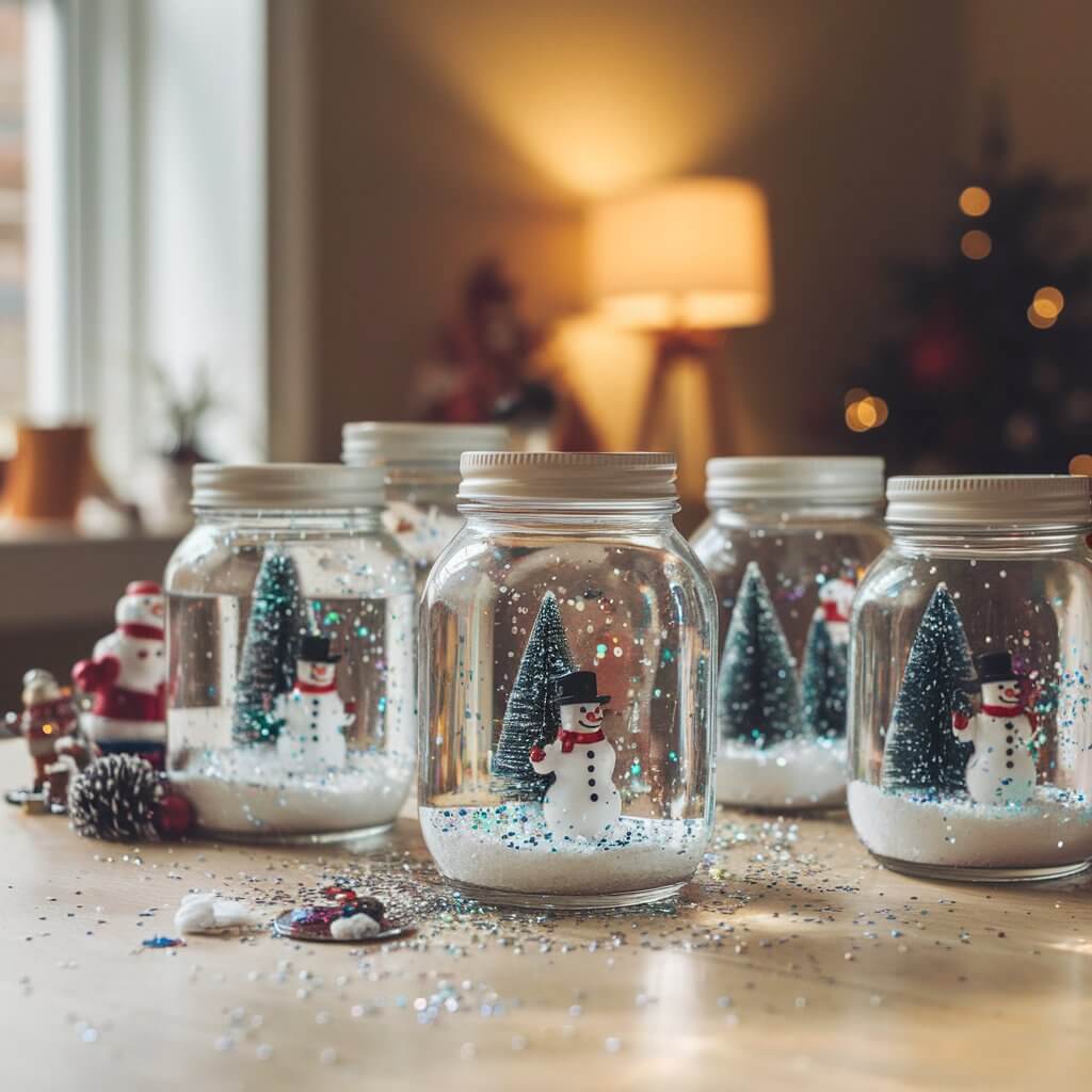 A photo of a table with several homemade snow globe jars. Each jar is filled with water, glitter, and small holiday figurines like snowmen and trees. There are also loose glitter and mini decorations scattered across the table. The background is a warm room with a window, a lamp, and a few decorative items.