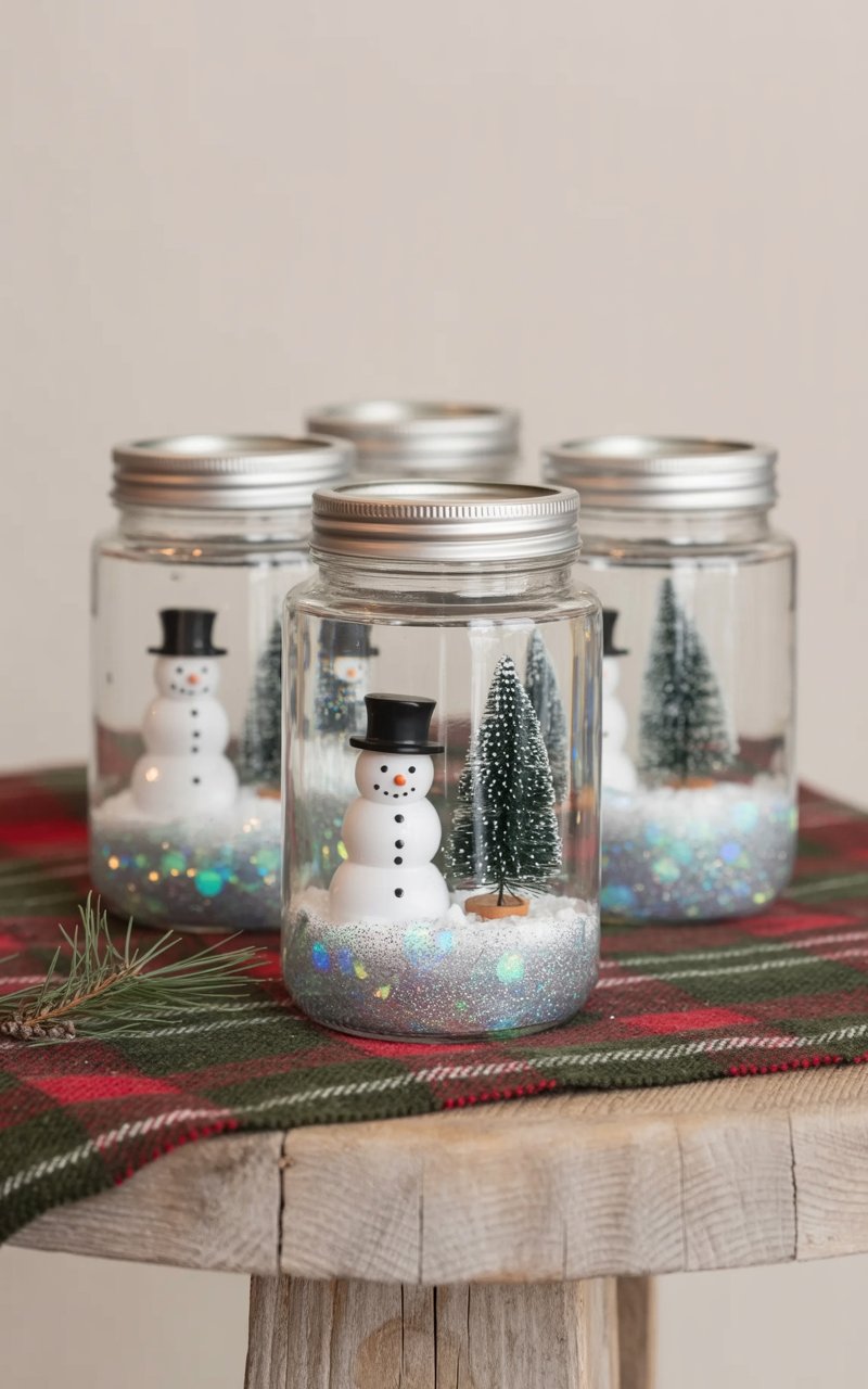 Several glass jars filled with water, iridescent blue and silver glitter, and miniature holiday figurines sit on a weathered wooden table. Inside each jar, a plastic snowman with a black top hat and a tiny evergreen tree stand upright, surrounded by swirling glitter. The water within the jars is clear, allowing a view of the figurines and glitter suspended within. A patterned red and green plaid cloth covers the table surface, with a few stray pine needles scattered around the base of the jars.