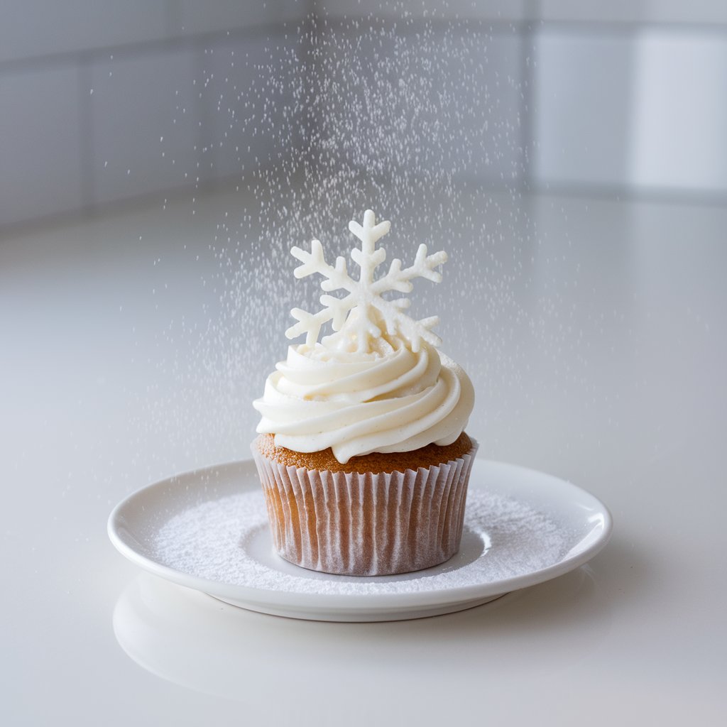 A delicate cupcake sits gracefully placed on a bright plain white kitchen countertop, glowing softly under the wash of natural light that brings out its bright, pure white tones. The cupcake's frosting, made of smooth white chocolate buttercream, is piped into a generous swirl with an almost satin-like sheen. Atop the frosting rests a finely detailed, hand-crafted white chocolate snowflake, its edges intricate and symmetrical, lightly dusted with edible glitter that sparkles under the light like falling snow. A faint sprinkle of powdered sugar encircles the base of the cupcake, enhancing the illusion of freshly fallen snow. The overall presentation feels serene, elegant, and wintery — a perfect edible snow scene captured on a countertop. It is placed on a white plate.