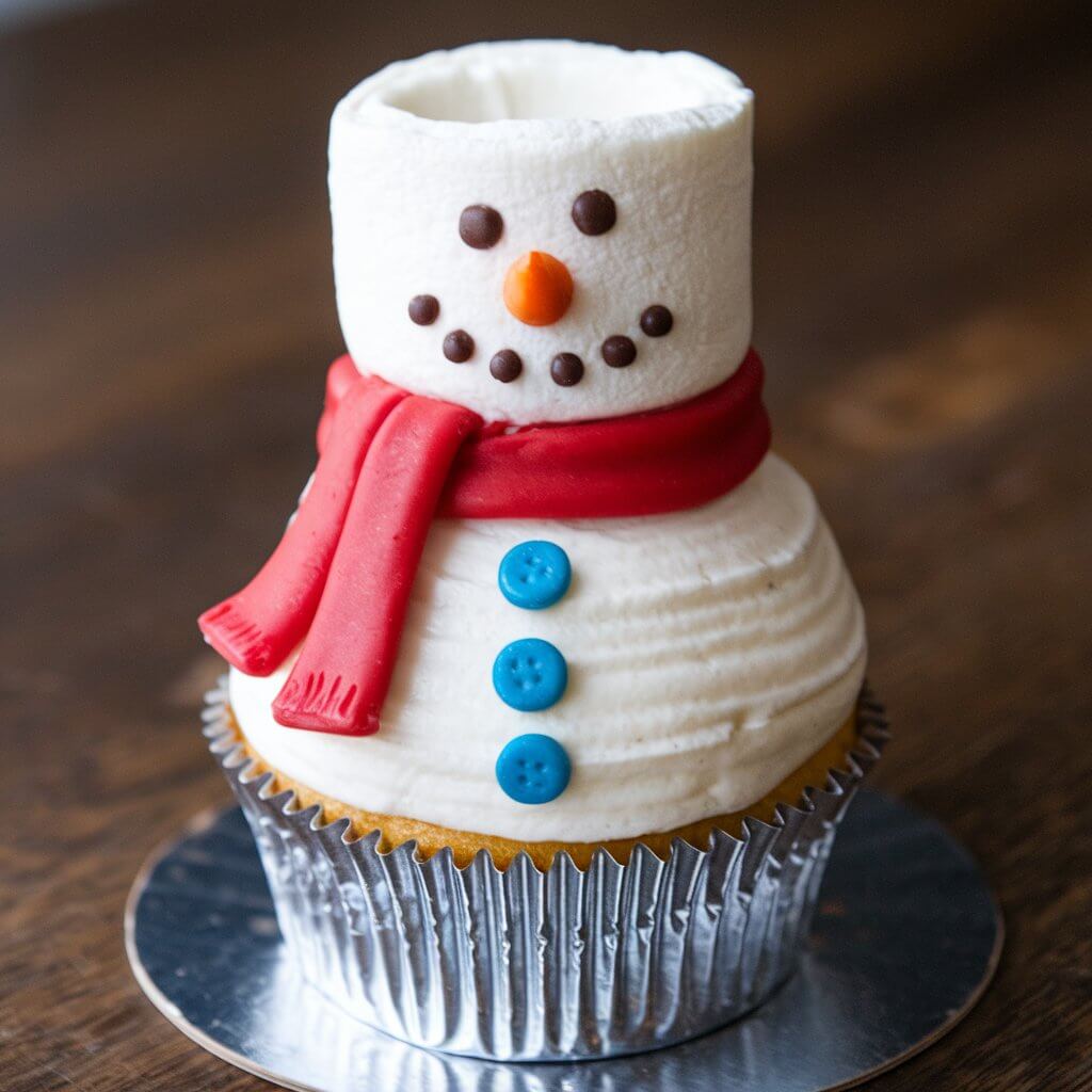 A photo of a cupcake decorated as a snowman. The snowman cupcake has a marshmallow head, white vanilla frosting body, and is placed on a silver wrapper. The snowman's face has small chocolate dots for eyes, an orange candy "carrot" nose, and a red scarf made of fondant wrapped around its neck. Tiny edible buttons dot the "snowman's" chest.