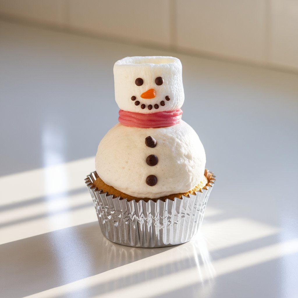 A charming snowman-shaped cupcake placed on a bright plain white kitchen countertop. The cupcake is bathed in soft natural light, giving the frosting a luminous sheen. The bright white vanilla frosting forms the snowman's rounded body. A single fluffy marshmallow sits on top, completing the snowman's cheerful head. The snowman's features are delicately detailed with two tiny chocolate dots for eyes, a small orange candy shaped like a carrot for a nose, and a smiling mouth dotted with miniature chocolate pieces. A thin strip of red fondant is wrapped neatly around the marshmallow neck like a scarf, its folds catching the light. Small chocolate buttons run down the front of the snowman's "body," adding personality and charm. The cupcake is presented in a shiny silver liner that reflects soft highlights from the ambient brightness of the white countertop.