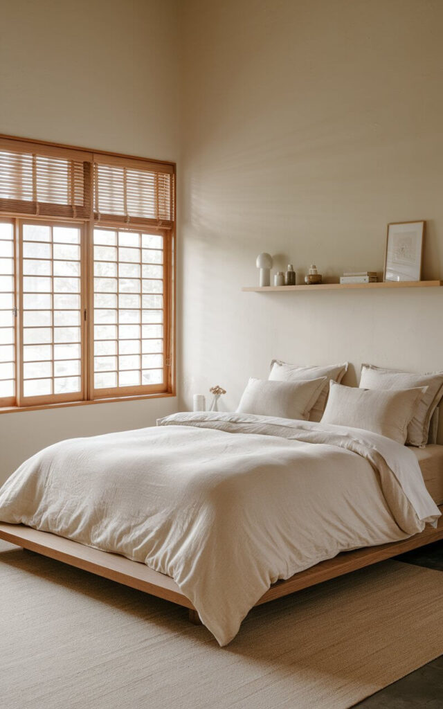 A photo of a Japandi-style bedroom with soft, high-quality linen bedding in neutral tones. The room has a minimalist design with a few key elements. There is a wooden platform bed with a white duvet and beige pillowcases. The walls are painted in light beige. There is a beige area rug under the bed. On the wall, there is a floating shelf with a few items. The room has large windows with wooden blinds.