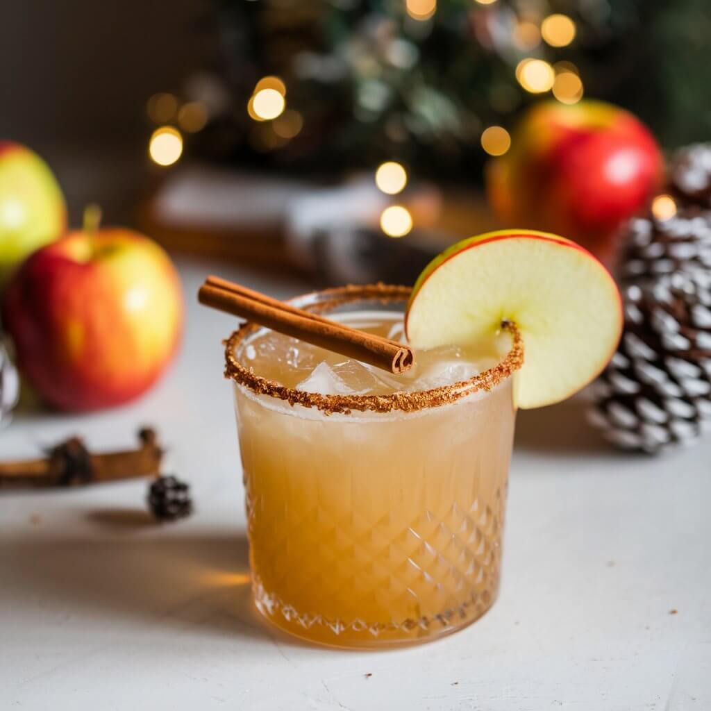 A photo of a spiced apple cider margarita cocktail on a white table. The cocktail has a light amber color and is served in a glass with a cinnamon-sugar rim. The glass is garnished with a cinnamon stick and a thin apple slice. The background is a cozy holiday setting with apples and pinecones.