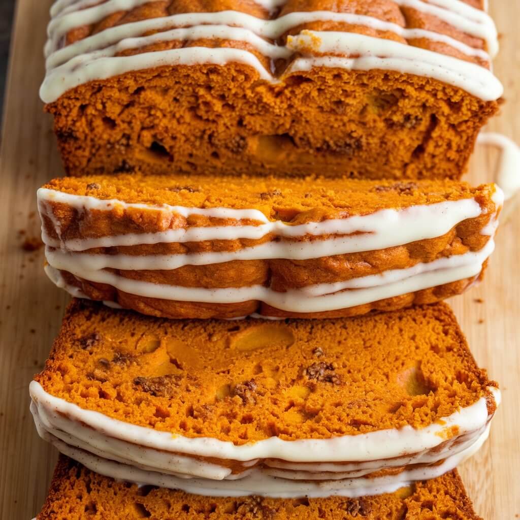 A photo of a loaf of spiced pumpkin bread with a glossy drizzle of cream cheese icing. Each slice of the treat shows the moist, orange interior studded with cinnamon and nutmeg. The top of the bread is slightly cracked. The background is a wooden board.