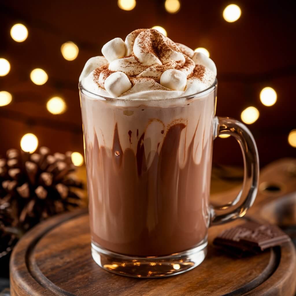 A cozy holiday background with warm lighting. A clear glass mug contains a decadent spiked hot chocolate cocktail. The mug is placed on a wooden board. The cocktail has a thick layer of whipped cream on top, which is adorned with mini marshmallows, chocolate shavings, and a dusting of cinnamon. The chocolate is rich and warm, and the drink is inviting and comforting.