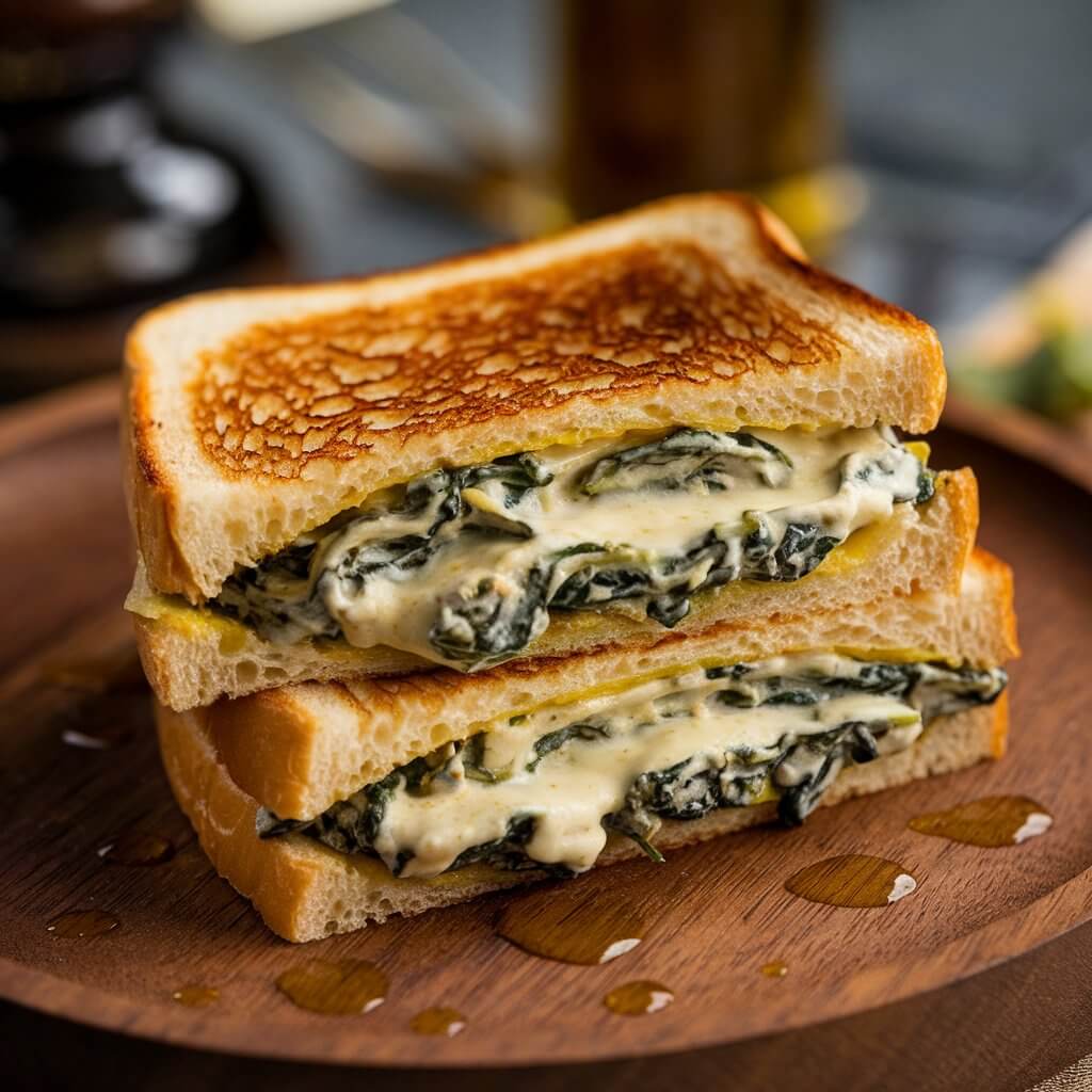 A photo of a grilled cheese sandwich with creamy spinach and artichoke filling. The sandwich is placed on a wooden plate. There are drops of oil on the plate. The background is blurred and contains a few objects.