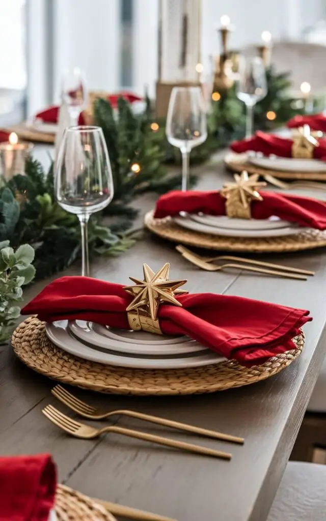 A close-up shot of a Christmas dining table in a contemporary dining room. The table is set with gold star-shaped napkin rings wrapped around red cloth napkins. The napkin rings add a touch of luxury to the festive table, which is decorated with gold flatware, white plates, and evergreen sprigs. Each place setting is carefully arranged, making the table feel both personal and elegant.