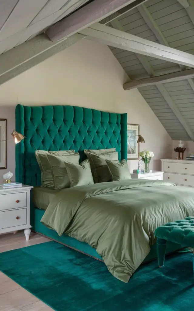 A photo of a chic attic bedroom with a large, emerald green tufted headboard. The bed has matching cushions and a luxurious duvet. The room contains a white dresser and a rug in the same bold green color. There's a reading lamp on the bedside table. The ceiling has wooden beams.