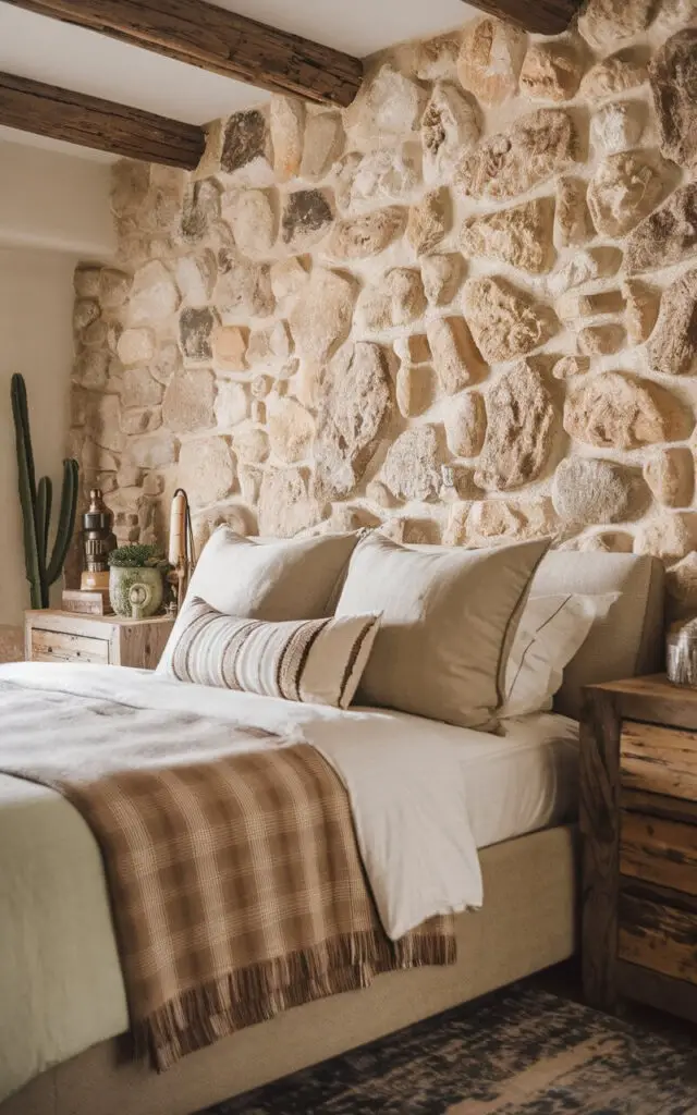 A photo of a Southwestern bedroom with a cozy bed and a natural stone accent wall. The stone wall adds texture and earthiness to the room. The soft bedding contrasts with the rugged surface of the stone wall. Rustic wooden nightstands and a cactus plant complete the Southwestern theme. The room has a warm and inviting atmosphere.