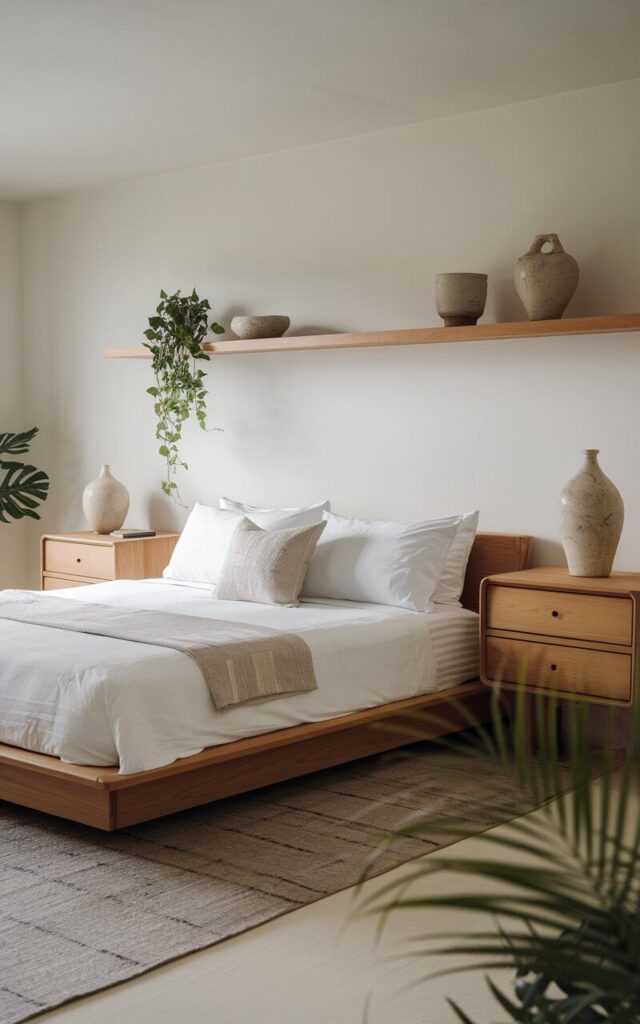 A photo of a Japandi bedroom with a minimalist design. The room has a king-size bed with a wooden frame, two nightstands with drawers, and a shelf above the bed. There is a rug under the bed. On the nightstands and the shelf, there are stone vases and ceramic bowls in neutral tones. The walls are painted white. The room has a few plants, adding a touch of greenery.