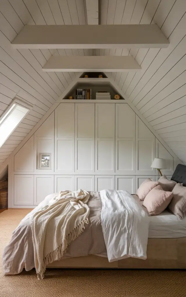 An attic bedroom with custom under-eaves cabinets painted white to blend with the walls. A cozy bed with soft, neutral linens sits against one wall. The cabinets provide hidden storage for a clutter-free look. The room feels spacious despite its compact size.