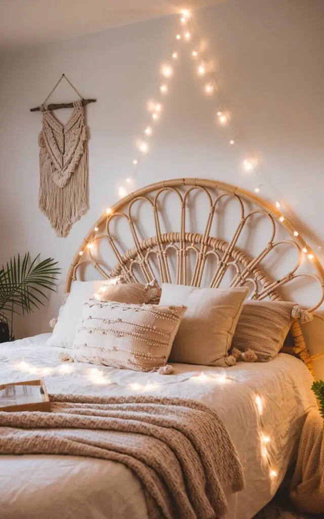 A photo of a boho bedroom with a cozy bed. The bed has a natural, woven headboard and is surrounded by textured pillows and layered blankets. String lights are draped around the bed, casting a warm glow over the room. There is a macrame wall hanging and a small plant in the room, adding to the cozy and whimsical charm.