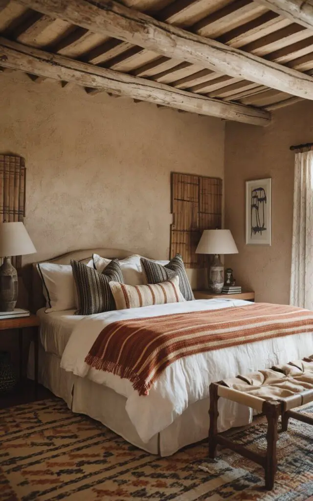 A Southwestern bedroom with stucco-textured walls surrounding a cozy bed. The rough texture of the walls adds an authentic adobe feel to the room, while soft bedding and rustic wooden furniture create a cozy and balanced atmosphere.