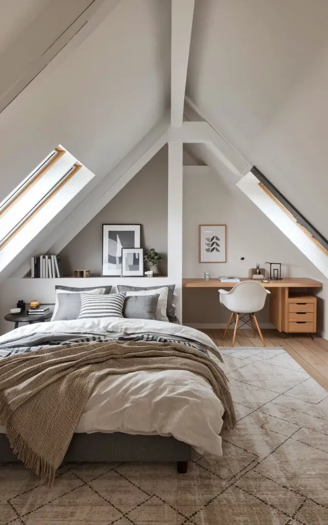 A spacious attic bedroom designed as a studio, with separate zones for sleeping and working. The cozy bed, with layered blankets and pillows, is placed near a low partition. A modern desk and chair sit in the opposite corner. The layout maximizes space while maintaining a cohesive design.