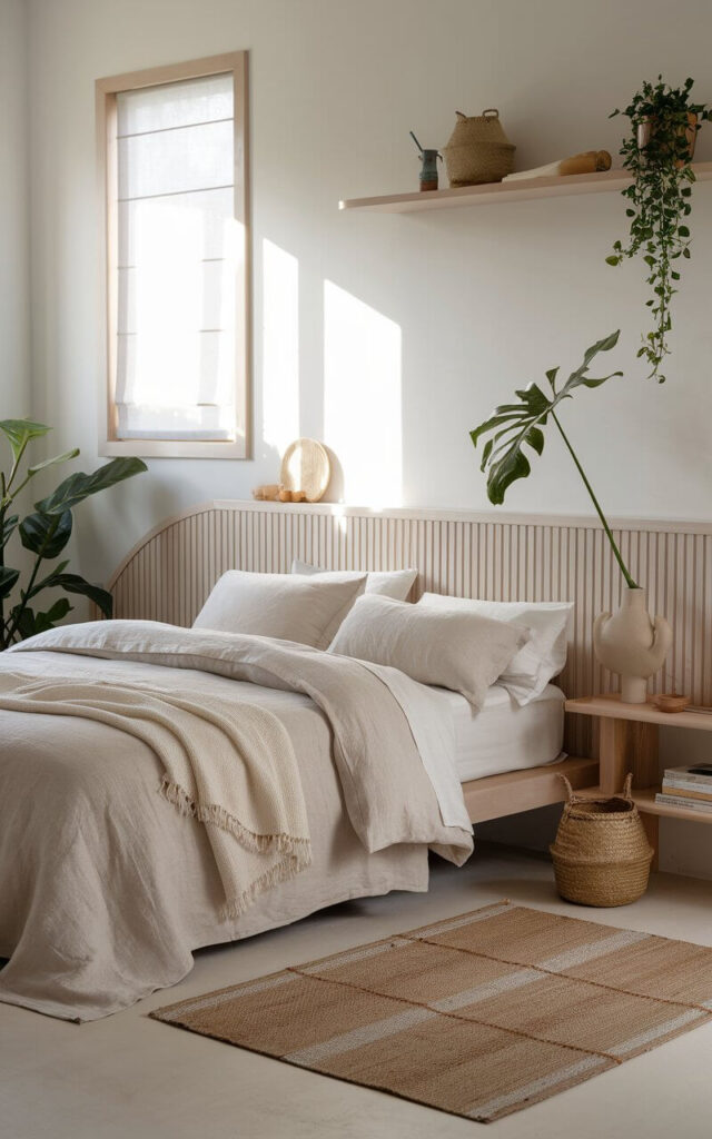 A photo of a Japandi-style bedroom with a serene atmosphere. The room has a queen bed with soft linen bedding, a smooth ceramic vase with a green plant, and a woven basket. The room has a neutral palette with wooden elements, including a headboard, a side table, and a shelf. There's also a rug on the floor. The room is illuminated by natural light streaming through a window.