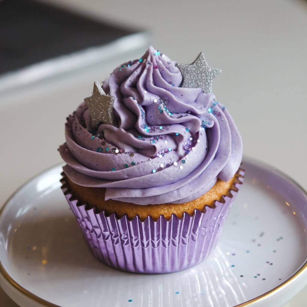 A photo of a cupcake with purple and lavender frosting, sprinkled with edible glitter. The frosting is swirled to resemble a Sugar Plum Fairy's tutu. There are silver stars on top of the cupcake. The cupcake is in a metallic lavender liner, placed on a white ceramic plate on a white table.