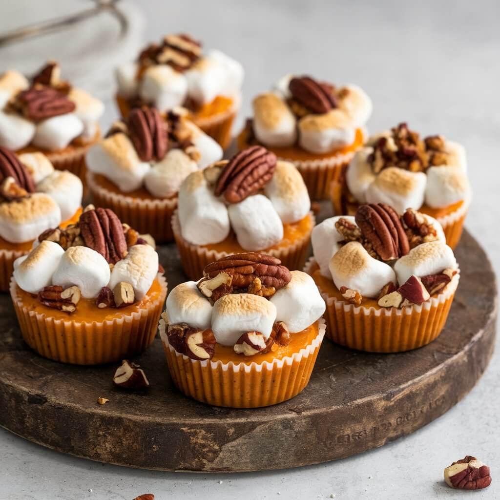 A photo of mini sweet potato casserole cups arranged on a rustic serving board. Each cup has a fluffy, orange sweet potato base topped with toasted mini marshmallows and a crunchy pecan crumble, creating a delicious mix of textures. The background is simple and uncluttered, allowing the sweet potato casserole cups to be the main focus of the image.