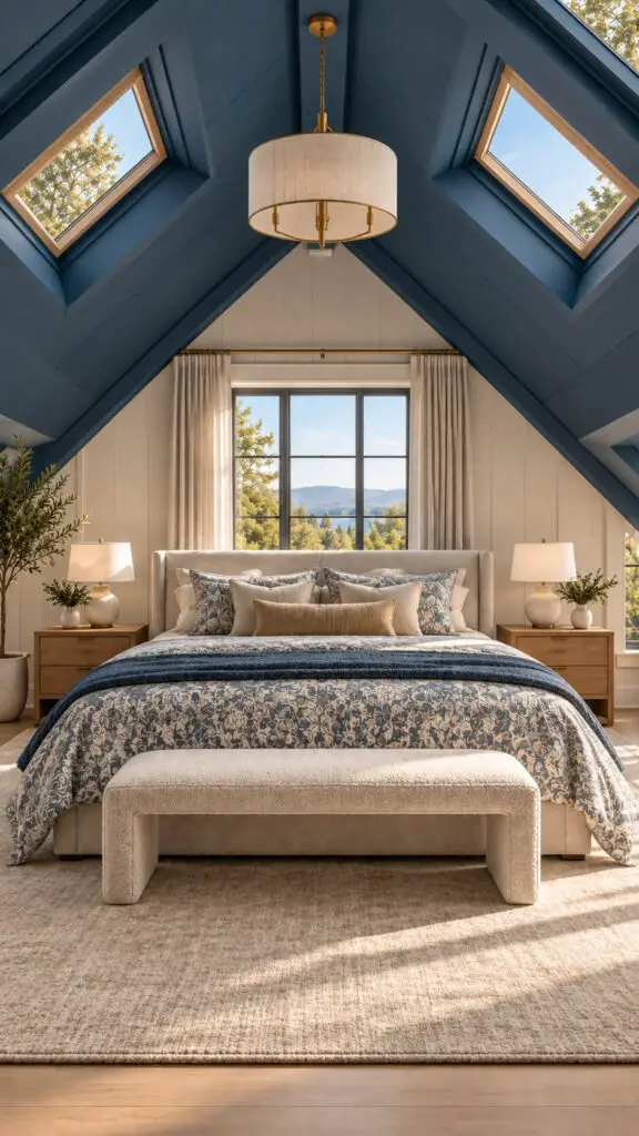 Symmetrical Blue Gabled Bedroom Retreat