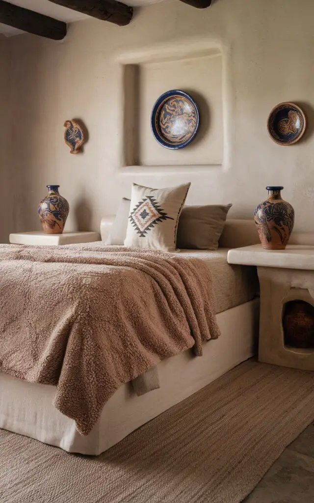 A photo of a Southwestern bedroom with a cozy bed. The bed is placed in the center of the room and is covered with a plush, beige blanket. A beige pillow with a geometric pattern lies next to the blanket. There are two side tables, one on each side of the bed, each holding a Talavera pottery vase. The walls are adorned with a few pieces of Talavera pottery, including a plate and a bowl. The room has a beige rug on the floor. The overall room has a neutral color palette with the Talavera pottery adding a lively and artistic touch.