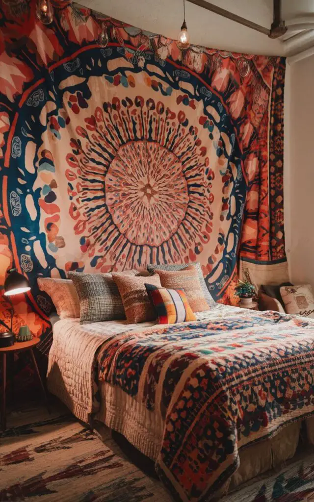 A bohemian bedroom with a large, colorful tapestry as the backdrop. The tapestry has intricate patterns and vibrant colors. The room has a cozy bed with a vintage-inspired quilt and throw pillows. Soft lighting illuminates the space. The room has a warm and unique artistic character.