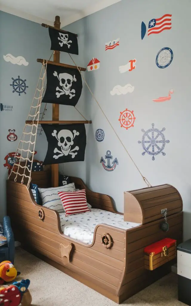 A photo of a small toddler bedroom with a pirate ship-themed cozy toddler bed design. The bed has decorative sails and a treasure chest storage box. The walls are adorned with nautical-themed decals. The room contains a small chair and a few toys. The overall atmosphere is cozy and playful.