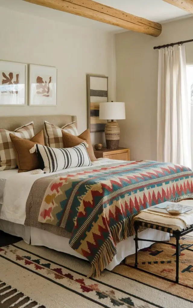 A cozy bed in a Southwestern bedroom draped with a colorful Southwestern-style throw blanket. The geometric patterns in the blanket add visual interest, while the warm, neutral bedding and rustic wooden furniture complement the room’s overall desert-inspired theme.