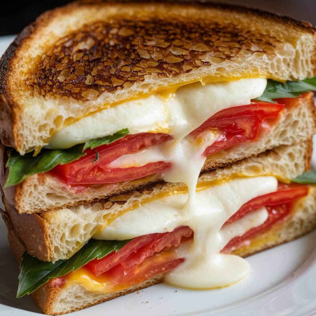 A close-up shot of a grilled cheese sandwich with a variety of fresh ingredients. The sandwich is cut in half and stacked, revealing layers of melted mozzarella cheese, thick slices of ripe red tomato, and fresh green basil leaves. The bread is golden-brown and well-toasted, with a slight char on the edges, indicating a crisp and crunchy texture. The cheese is melting out of the sandwich, particularly near the edges, adding to the gooey, indulgent appearance. The sandwich is placed on a white plate.