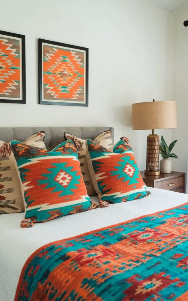 A cozy bed filled with tribal-inspired pillows in a Southwestern bedroom. The geometric patterns in vibrant hues like orange and turquoise stand out against the neutral bedding, adding warmth and cultural character to the room's design.